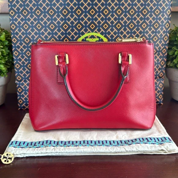TORY BURCH "ROBINSON" MINI❤️KIR ROYALE❤️SAFFIANO LEATHER DOUBLE ZIP TOTE 🌟EUC🌟 - Picture 4 of 17